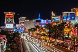 Long exposure photo of the Las Vegas strip at night.