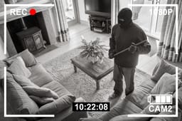 CCTV surveillance security camera of burglar breaking into home via back door window with crowbar (house robbery concept)