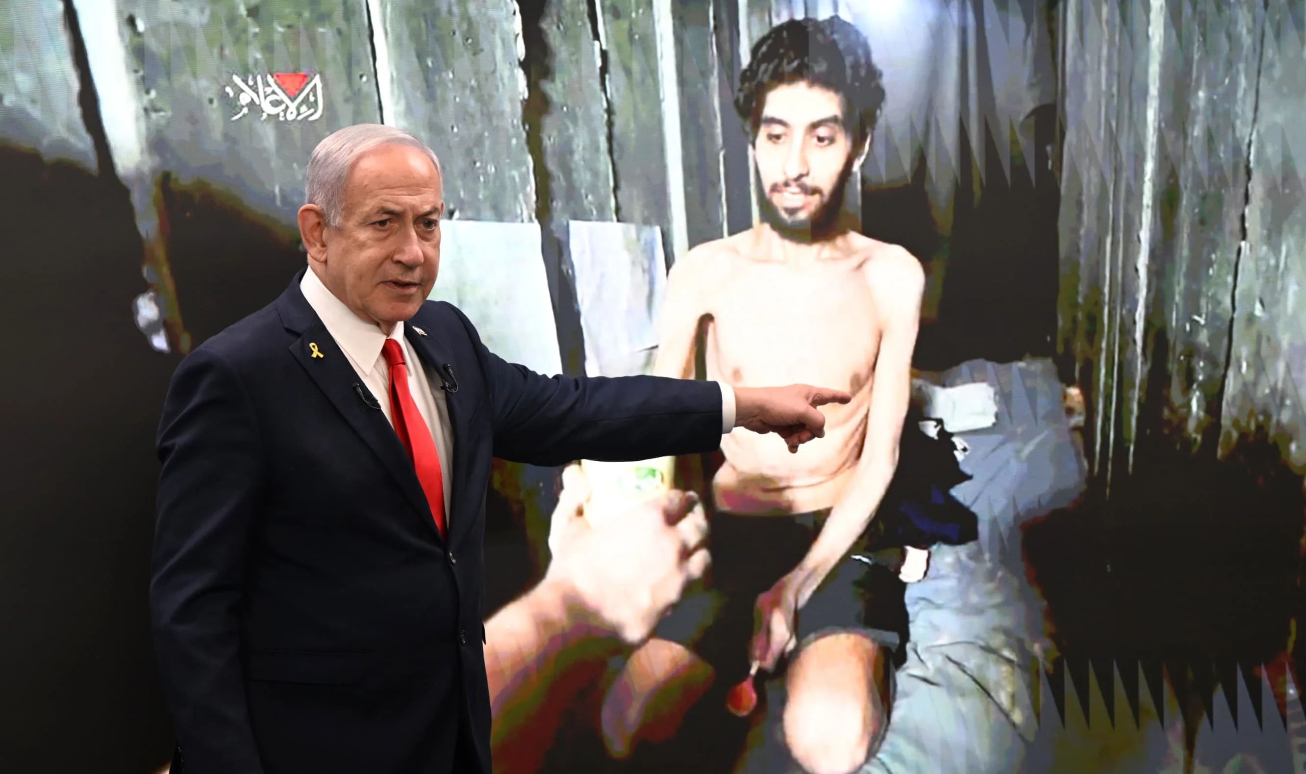 Israeli Prime Minister Benjamin Netanyahu shows the situation of hostage Evyatar David