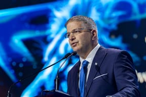 Yoav Kisch, Israel’s Minister of Education speaks during the Israel Prize ceremony on Israel’s 78th Independence Day in Jerusalem, April 22, 2026.