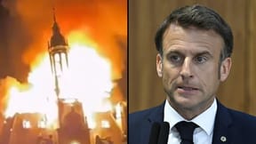 Right: President Macron; left: town hall building ablaze during riots