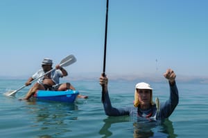 Fisherman fishing at the Diamond Beach in the the Sea of Galilee, on September 5, 2023.