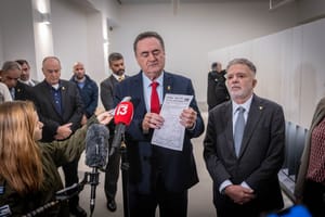Brazilian ambasdor to Israel Frederico Meyer and Foreign Minister Israel Katz tour at the Yad Vashem Holocaust Memorial museum in Jerusalem, February 19, 2024. 