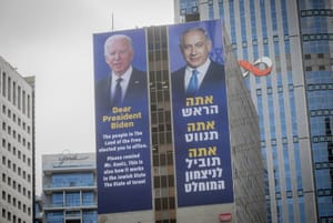 Large billboards of Israeli PM Benjamin Netanyhau and US President Joe Biden , in Ramat Gan, March 4, 2024.
