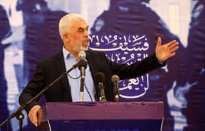 Yahya Sinwar during a meeting with members of the the Ezzedine al-Qassam Brigades, the armed wing of the Palestinian Hamas movement, in Gaza City