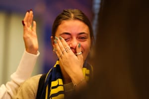 Maccabi Tel Aviv fans arrive at Ben Gurion international airport, near Tel Aviv, November 8, 2024.