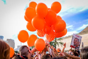 People take part in a protest calling for the release of Bibas family, 10 month old Kfir, 4 year old Ariel, and their parents Shiri and Yarden Bibas, at "Hostage Square" in Tel Aviv