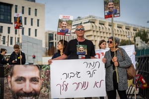 Released hostage Adina Moshe, Family members of Israelis held hostage in the Gaza Strip and activists protest for the release of all the hostages in Gaza, outside the Prime Minister's office in Jerusalem, February 3, 2025