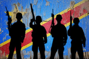 Flag of Congo Democratic painted on the cracked wall with soldier shadow. 