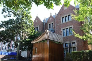 View of a sukka "temporary shelter" built for Sukkot, outside the house of the Lubavitcher Rebbe, 770 Eastern Parkway, the headquarters of Chabad in Crown Heights, Brooklyn