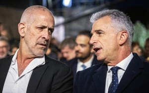 Ronen Bar (left), head of the Shin Bet security services, speaks with Mossad chief David Barnea during the annual Holocaust Remembrance Day ceremony at the Yad Vashem Holocaust Museum, Jerusalem, May 5, 2024.
