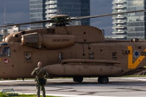 Military helicopter with released hostages arrives at the Rabin Medical Center in Petah Tikva, February 22, 202