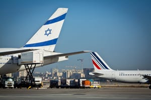 An El Al flight and Air France flight seen at the airstrip at the Ben Gurion International Airport