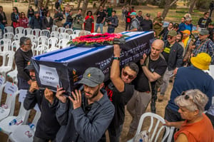 The funeral service of slain hostage Itzik Elgarat in Kibbutz Nir Oz, southern Israel, March 3, 2025.