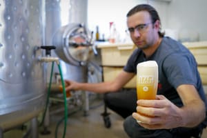 The Golan first Premium Craft Beer Brewery staff produce the Bazelet beer brand to supply the demand for the Jewish Festival of Purim, Katsrin Industrial Zone, Golan Heights on March 13, 2025. 