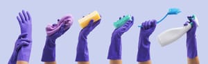 Collection of female hands wearing protective rubber gloves and holding cleaning supplies, hygiene and housekeeping concept See less 