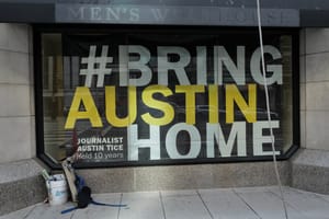 A sign at the National Press Club calling for the release of journalist Austin Tice held captive in Syria since 2012