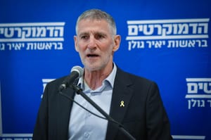 Leader of the Democrats party Yair Golan holds a press conference in Tel Aviv, May 20, 2025
