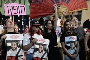 Demonstrators protest against the Israeli government and for the release of Israelis held hostage in the Gaza Strip outside Hakirya Base in Tel Aviv, May 24, 2025.