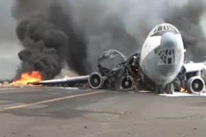 A Houthi aircraft in flames following the Israeli Air Force strike on Sanaa Airport