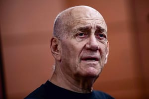 Former Israeli Prime Minister Ehud Olmert testifies during a hearing of the civil investigative committee on the October 7 massacre, in Tel Aviv, August 8, 2024.