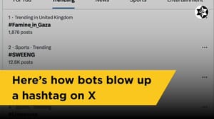 X/Twitter post exposing the bot hijacking of trending tags in the UK