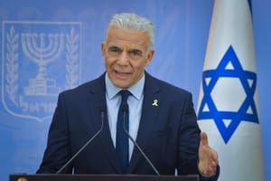 Yesh Atid head MK Yair Lapid speaks during a press conference in Tel Aviv on July 28, 2025. 