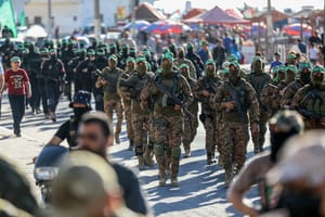 Members of the al-Qassam Brigades, the military wing of Hamas, east of Gaza City