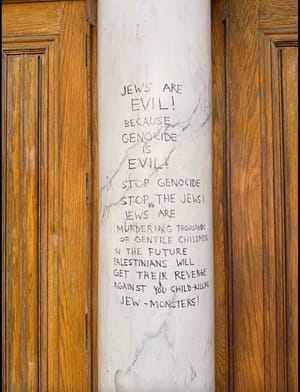The horiffic graffiti at the Canada synagogue