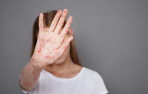 Girl With Virus Closing Face Over Grey Background