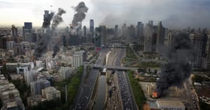 Tel Aviv City Under Iran attack in war aerial view