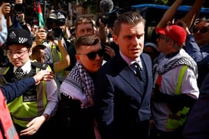 Irish rap group Kneecap singer, Liam O'Hanna center, who performs under the stage name Mo Chara, face judgement for supporting Hezbollah