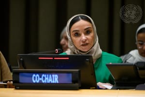 Manal Radwan, Co-chair and Counsellor at the Office of the Minister of Foreign Affairs at Ministry of Foreign Affairs of Saudi Arabia, speaks during the General Assembly preparatory meeting of the High-Level International Conference for the Peaceful Settlement of the Question of Palestine and the Implementation of the Two-State Solution.