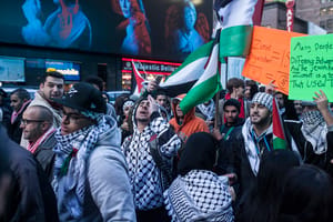 pro-Palestine demonstrators chants chant slogans and hold up signs as they march next to a Pro-Israel protest in Times Square, New york on October 18, 2015. 
