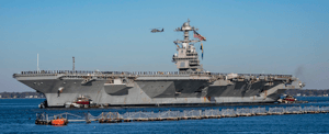 Gerald R. Ford returning to Naval Station Norfolk after completing her inaugural deployment to the Atlantic Ocean, 26 November 2022.