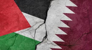 Palestine and Qatar flags, concrete wall texture with cracks