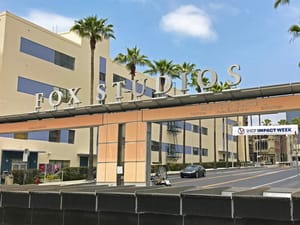 The Fox Studios logo and sign above the entrance to the 20th Century Fox Studios lot.