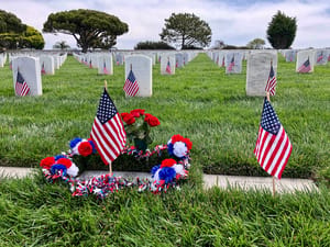  Rows of grave markers of fallen soldiers with US flags 