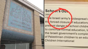 Left: Museum entrance. Right: Sign accusing Israel of shooting at schools in the location.