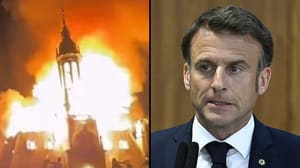 Right: President Macron; left: the town hall fire during the riots