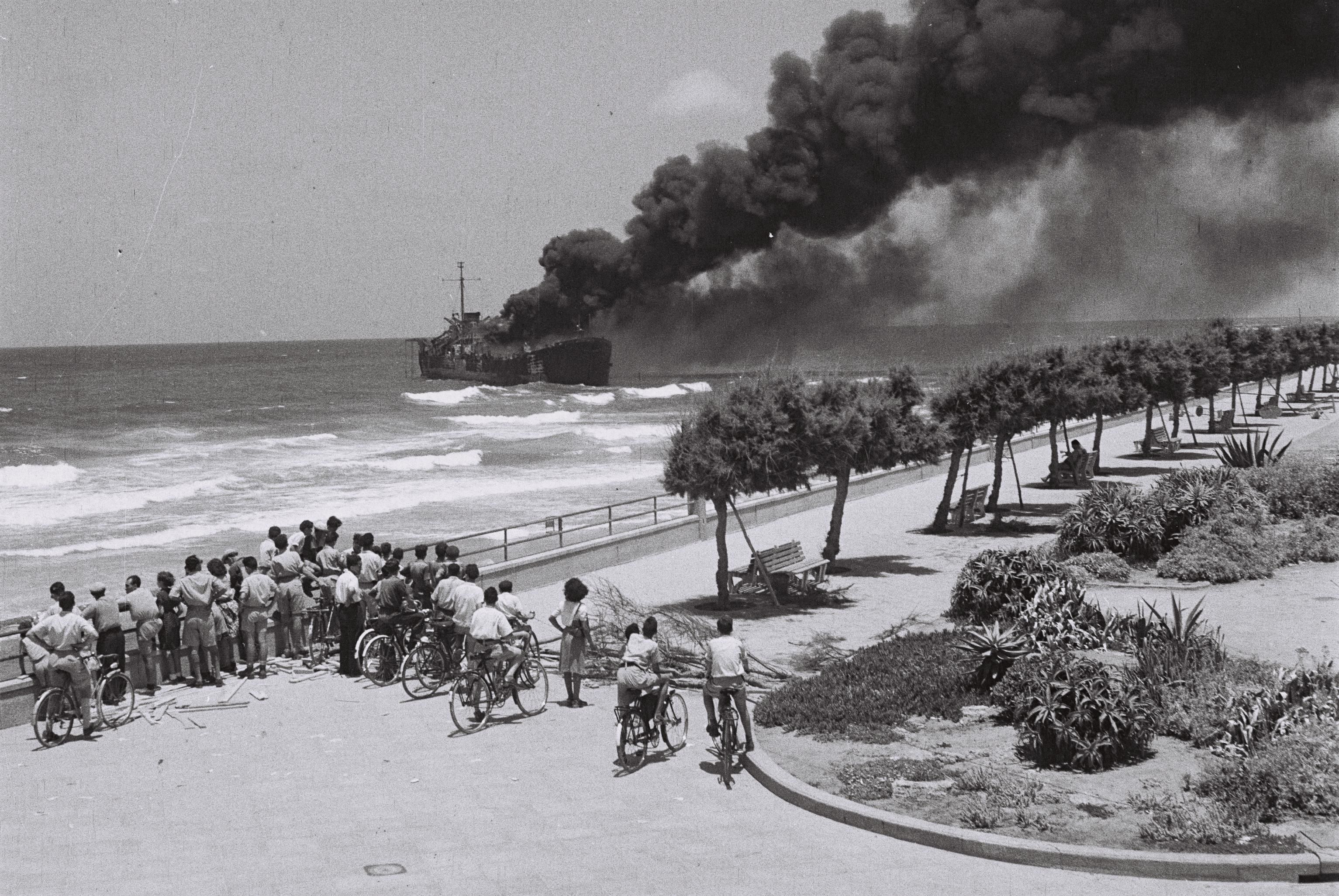 The ship Altalana catches fire after being shelled near Tel Aviv, June 1948