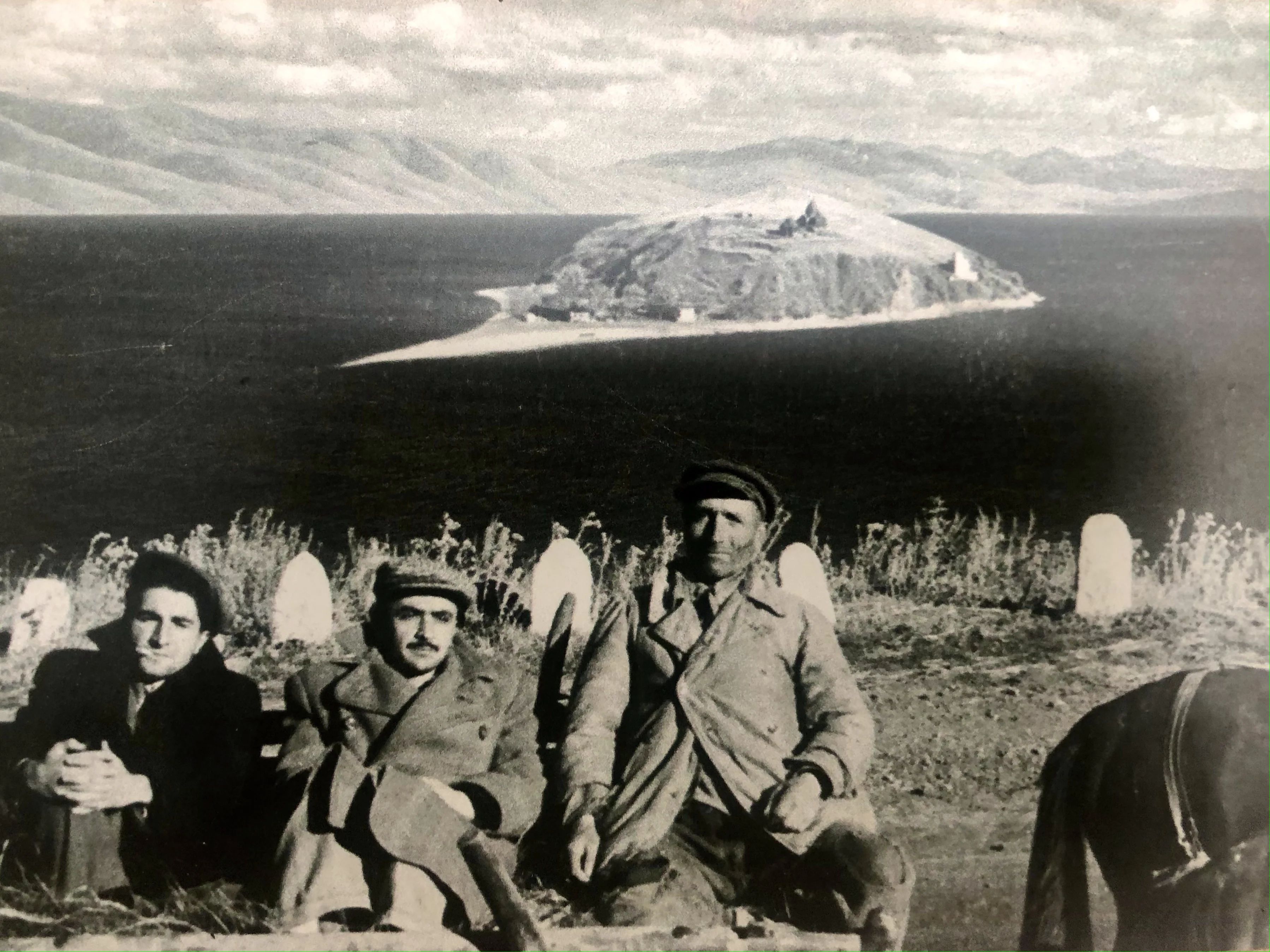 Russian writers rest opposite Sevan Island (1930s), Lake Sevan, Armenian Soviet Socialist Republic.