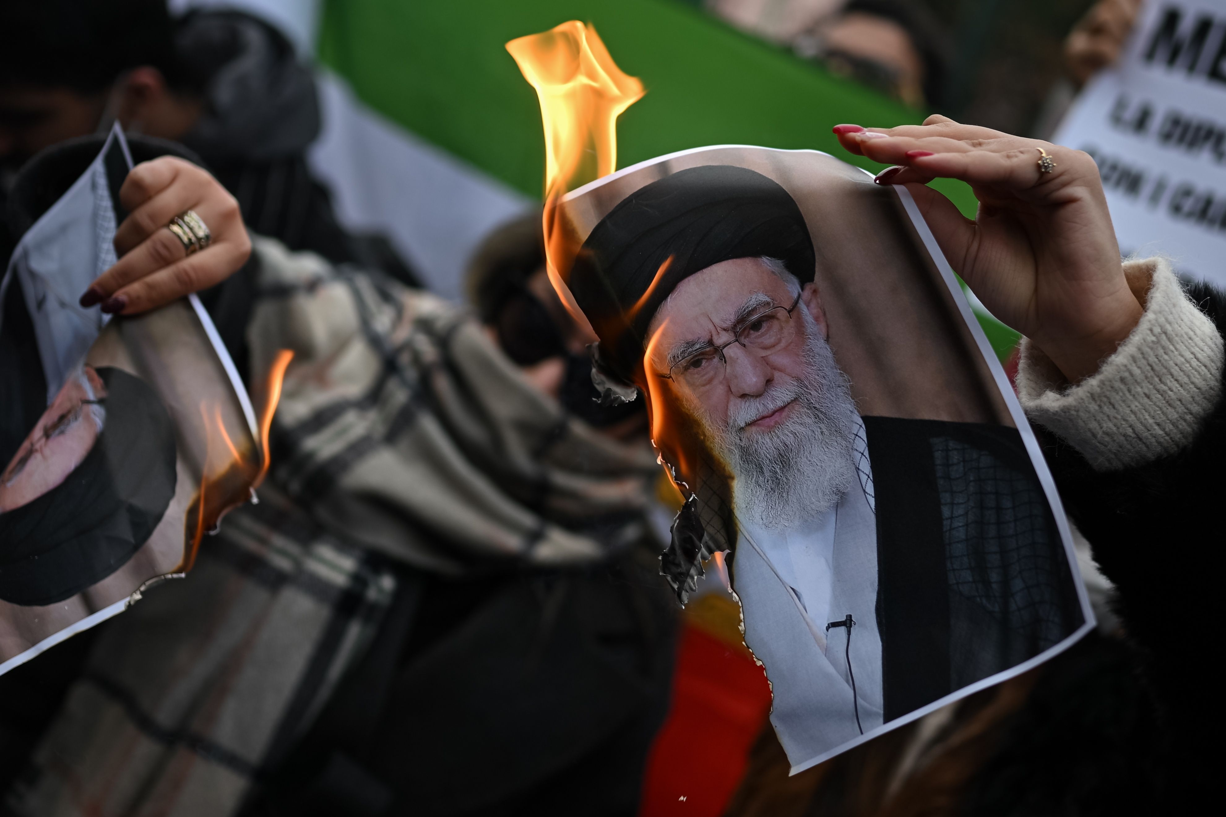 Burning picture of Ali Khamenei