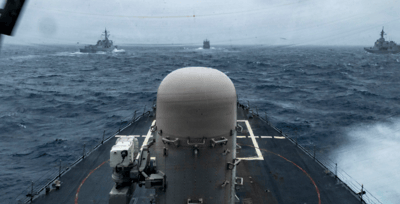 U.S. Navy guided-missile destroyer during exercises, illustration