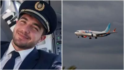 Right, Flydubai flight returns to Israel; left, pilot Muammar al-Hamami