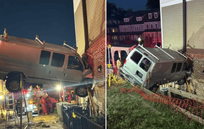 82-Year-Old Driver Loses Control in Turn — Pickup Ends Up Wedged in Mid-Air