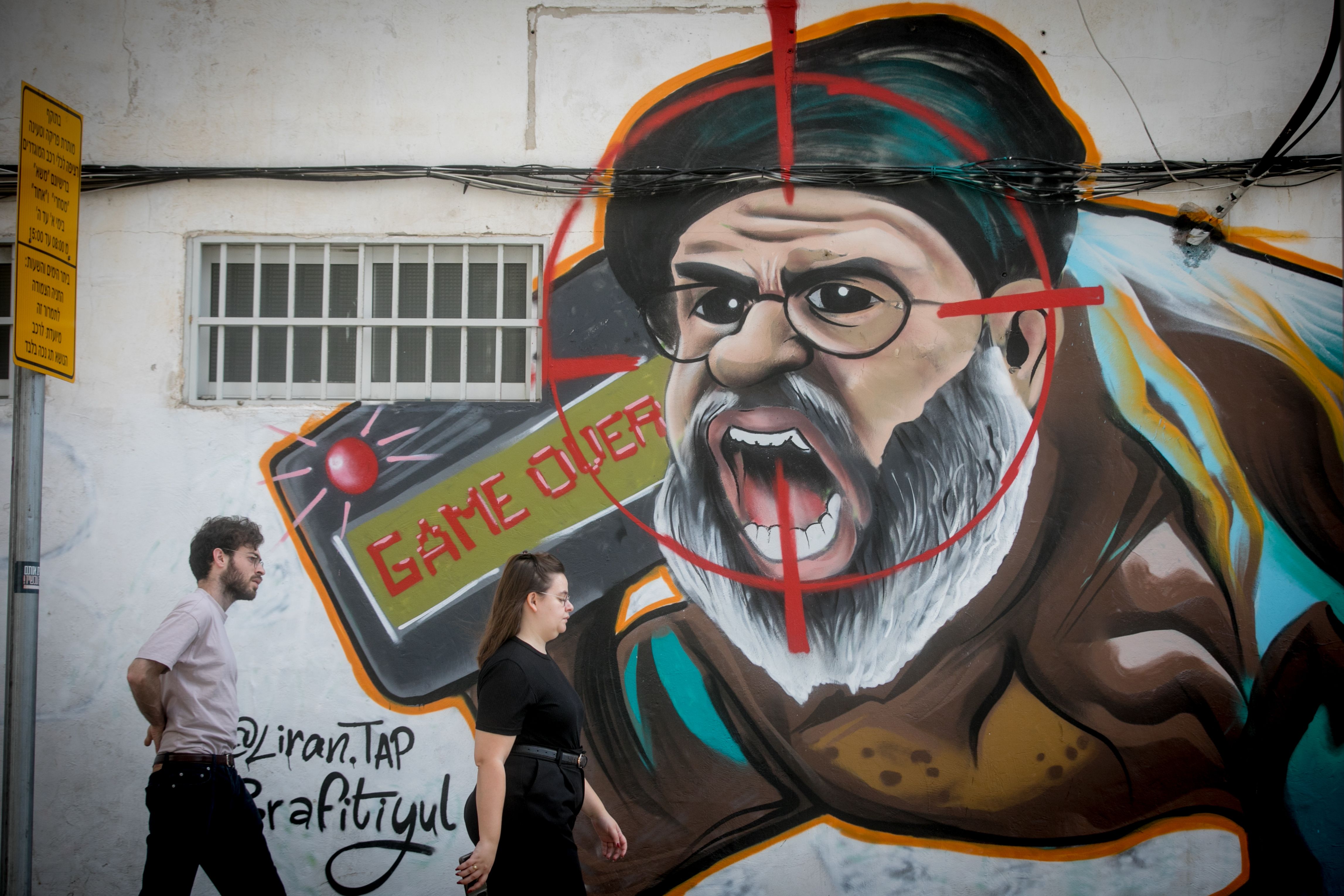 Graffiti showing Hazbollah leader Hassan Nasrallah, in Tel Aviv, two days after Israel's assassination of the leader in Beirut. September 29, 2024. 