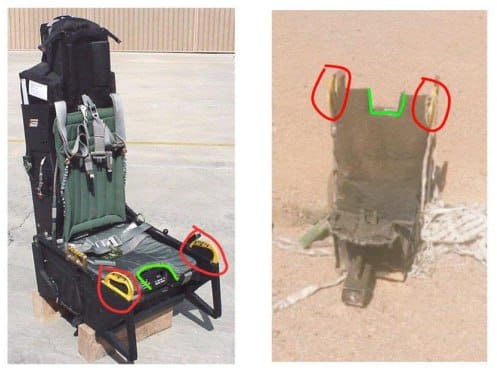 The ejection seat of the American pilot who went down in Iran - yellow ejection handles mounted on the sides of the seat used to activate the ejection mechanism.