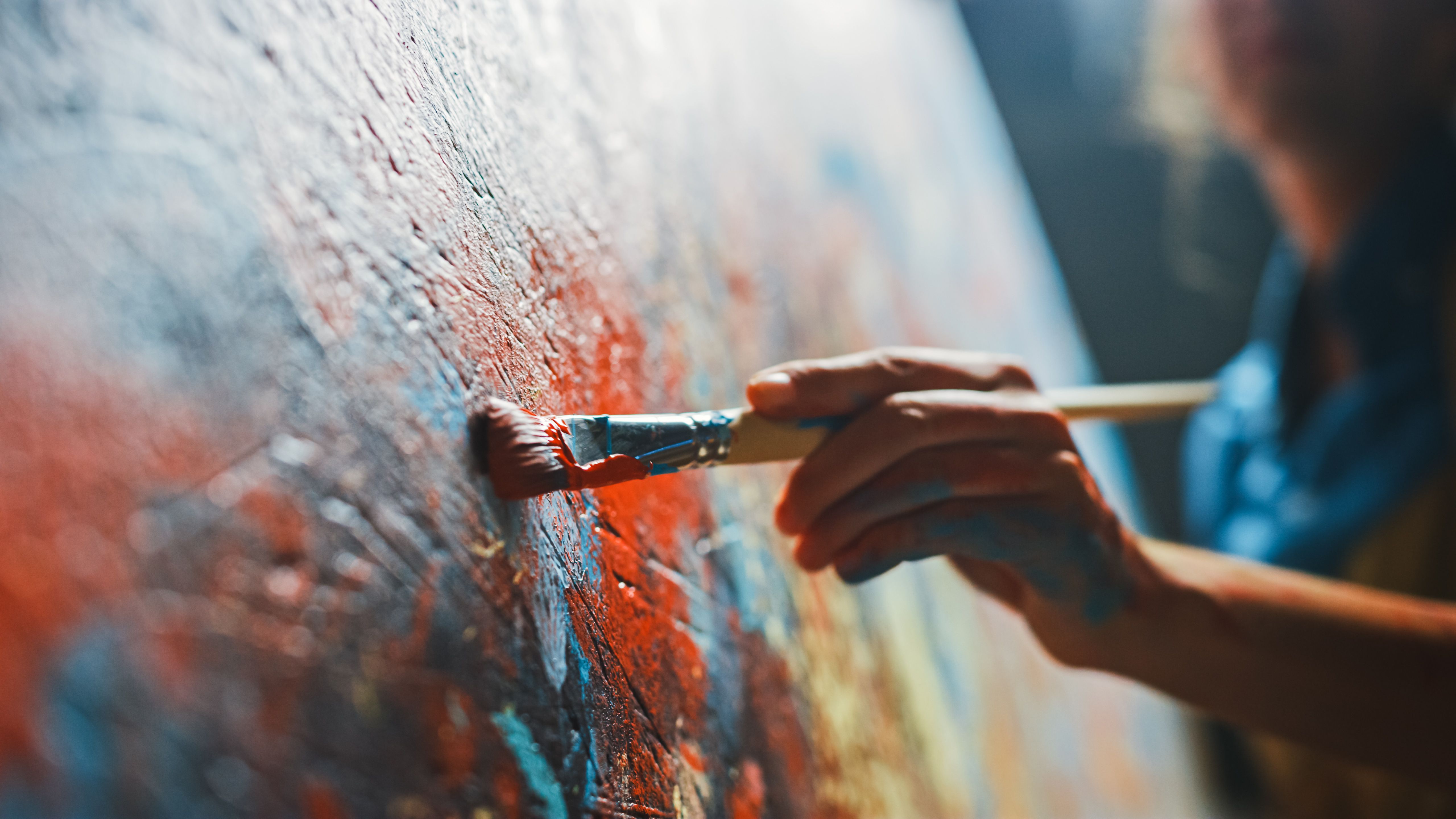 Female Artist Works on Abstract Oil Painting