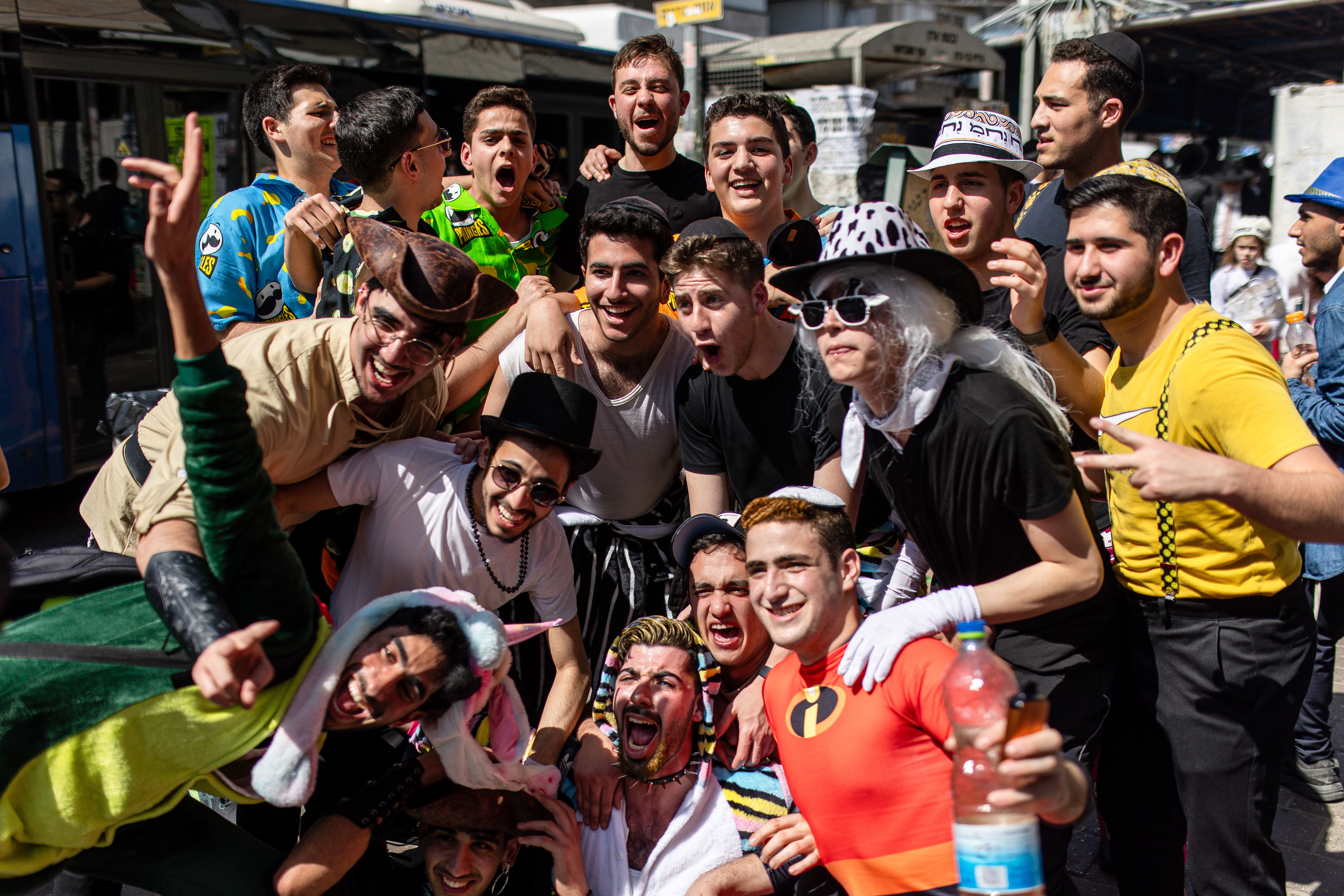 Ultra Orthodox Jews celebrate the Jewish festival of Purim, in the ultra-Orthodox town of Bnei Brak on March 14, 2025.